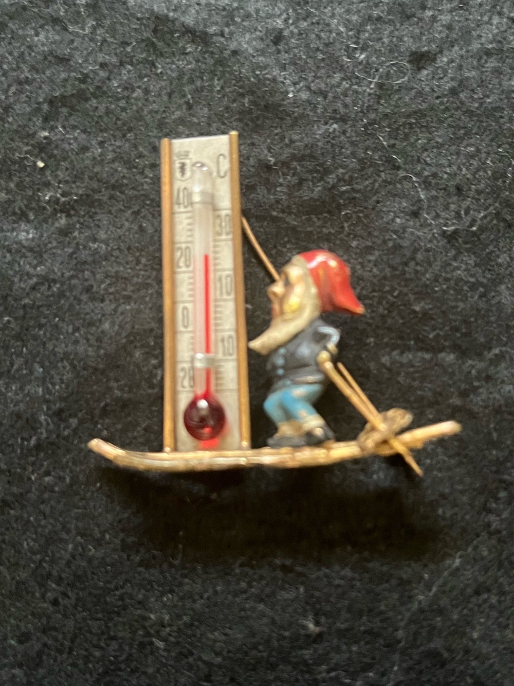 Vintage Whimsical Gold tone & Enamel Skiing Gnome Thermostat Brooch Pin